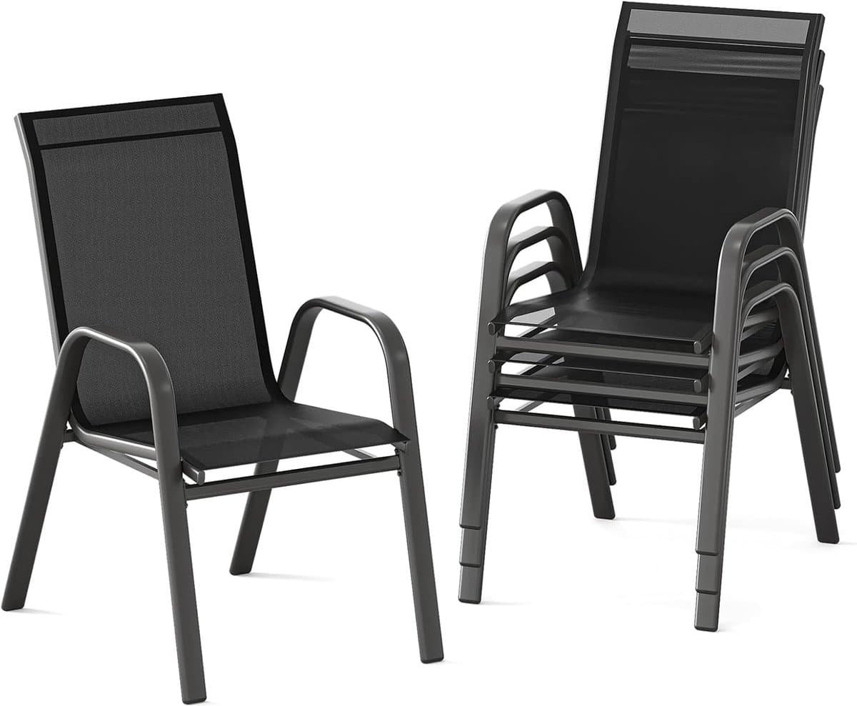 Tuinstoelen Set van 4 - Stapelbaar - Textileen & Metaal - Weerbestendig en Roestvrij - Luxe Buitenstoelen voor Tuin, Balkon & Terras - Zwart