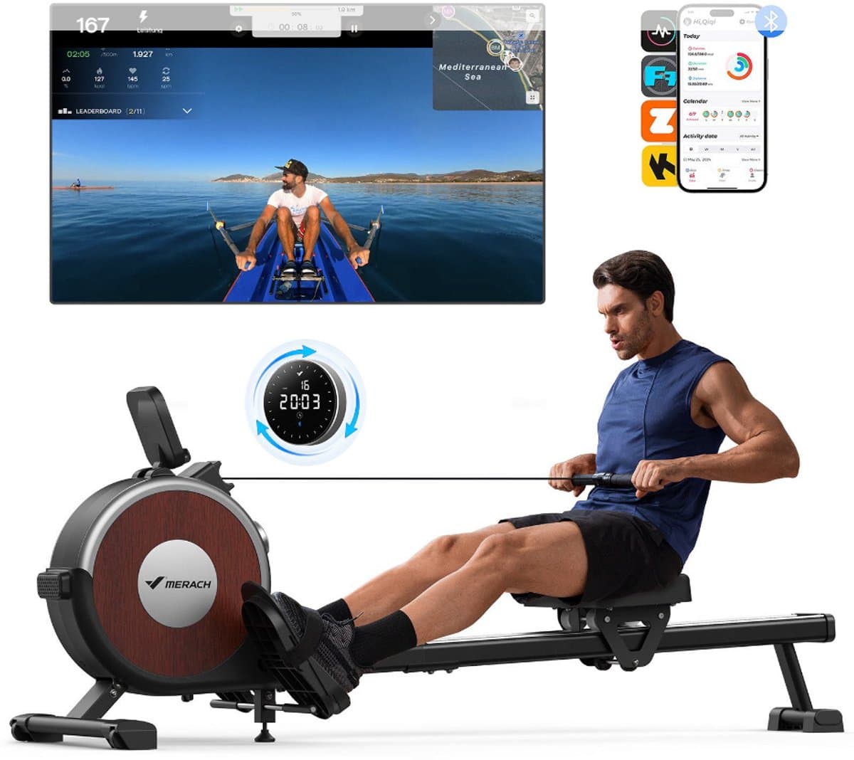 MERACH Stille magnetische roeitrainer voor thuis - Inklapbaar roeimachine - 16 weerstandsniveaus - Dubbele glijrails - Bluetooth met exclusieve app - Verstelbare tablet-houder - LCD-display - Ideaal voor cardio-training - Belastbaar tot 158 kg
