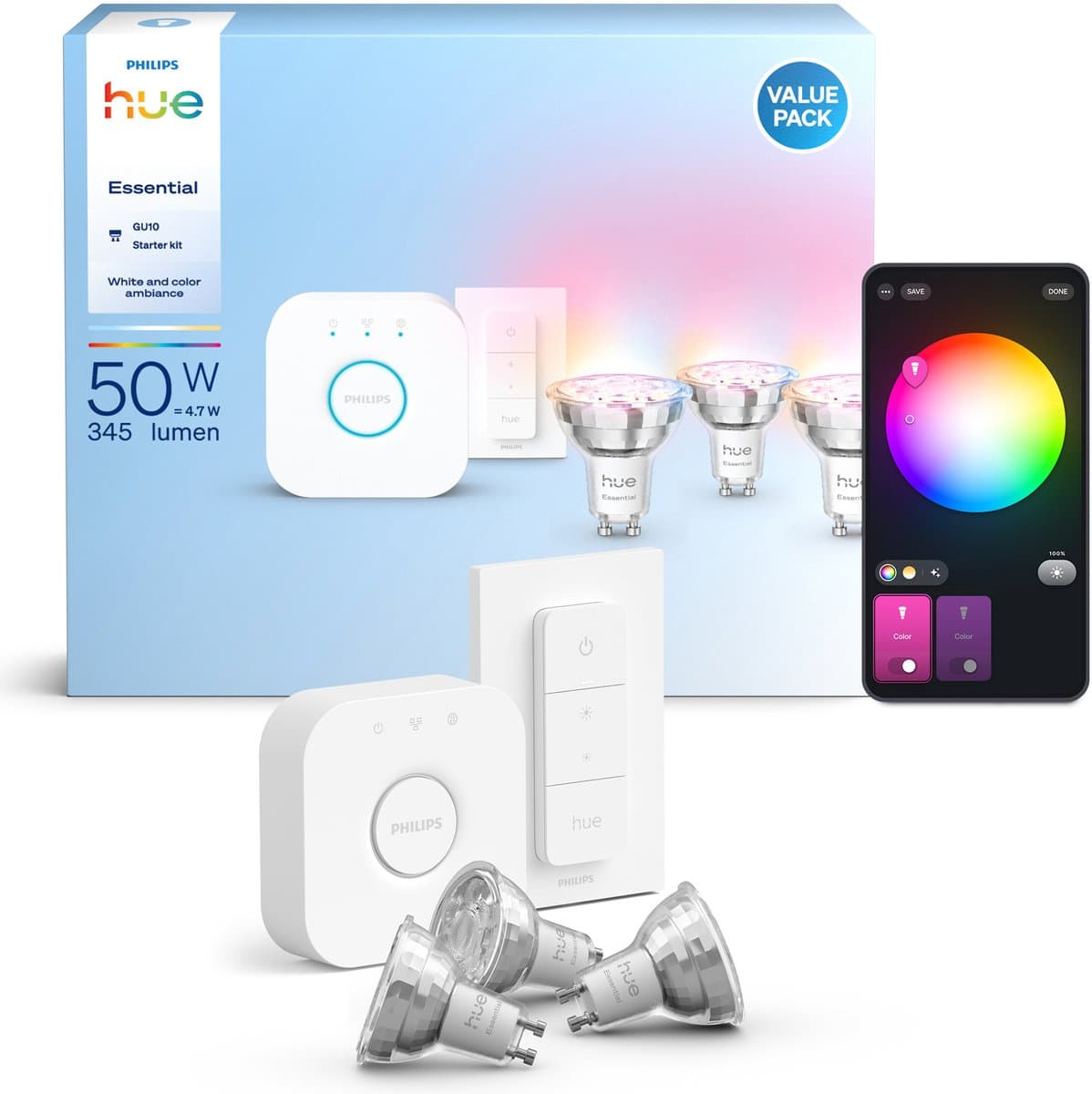 Philips Hue Essential starterkit - wit en gekleurd licht - 1 Bridge - 3 GU10-spots en dimmer switch