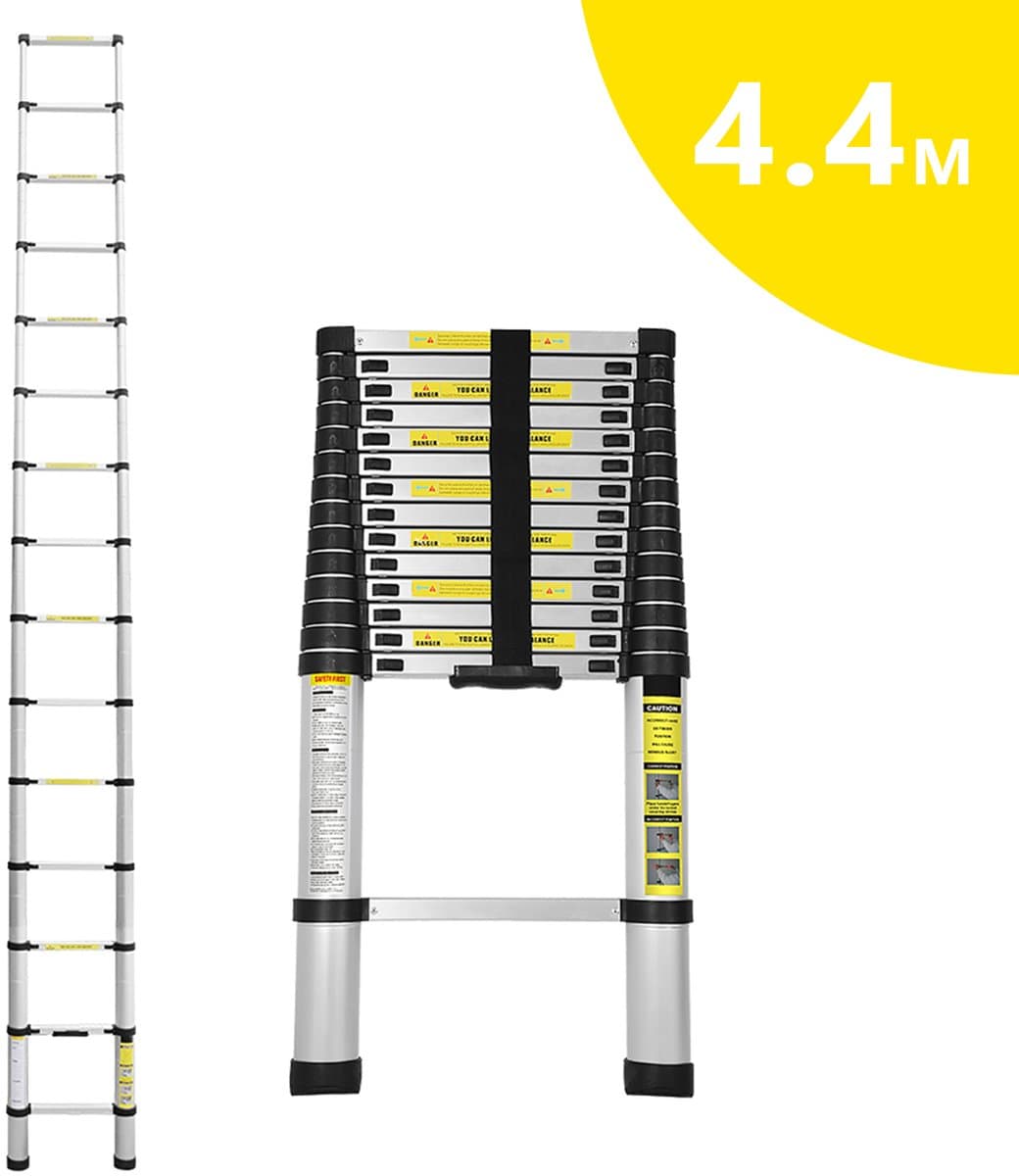 Telescopische Ladder - Telescoopladder - 4,4m zilver, Max. Belasting 150 kg, Compact en Draagbaar met Soft Closing Systeem, Geschikt voor Particulier en Professioneel Gebruik, Telescopische Vouwladder