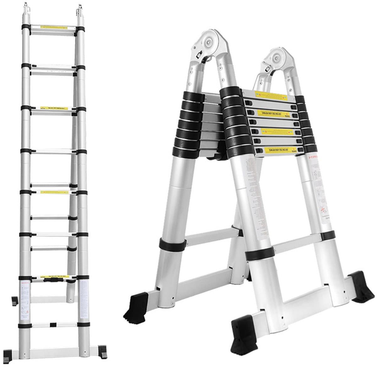 Telescopische Vouwladder - Telescopische Ladders - Soft Close - Werkhoogte 2,5m+2,5 m -zilver met stabilisator + wielen
