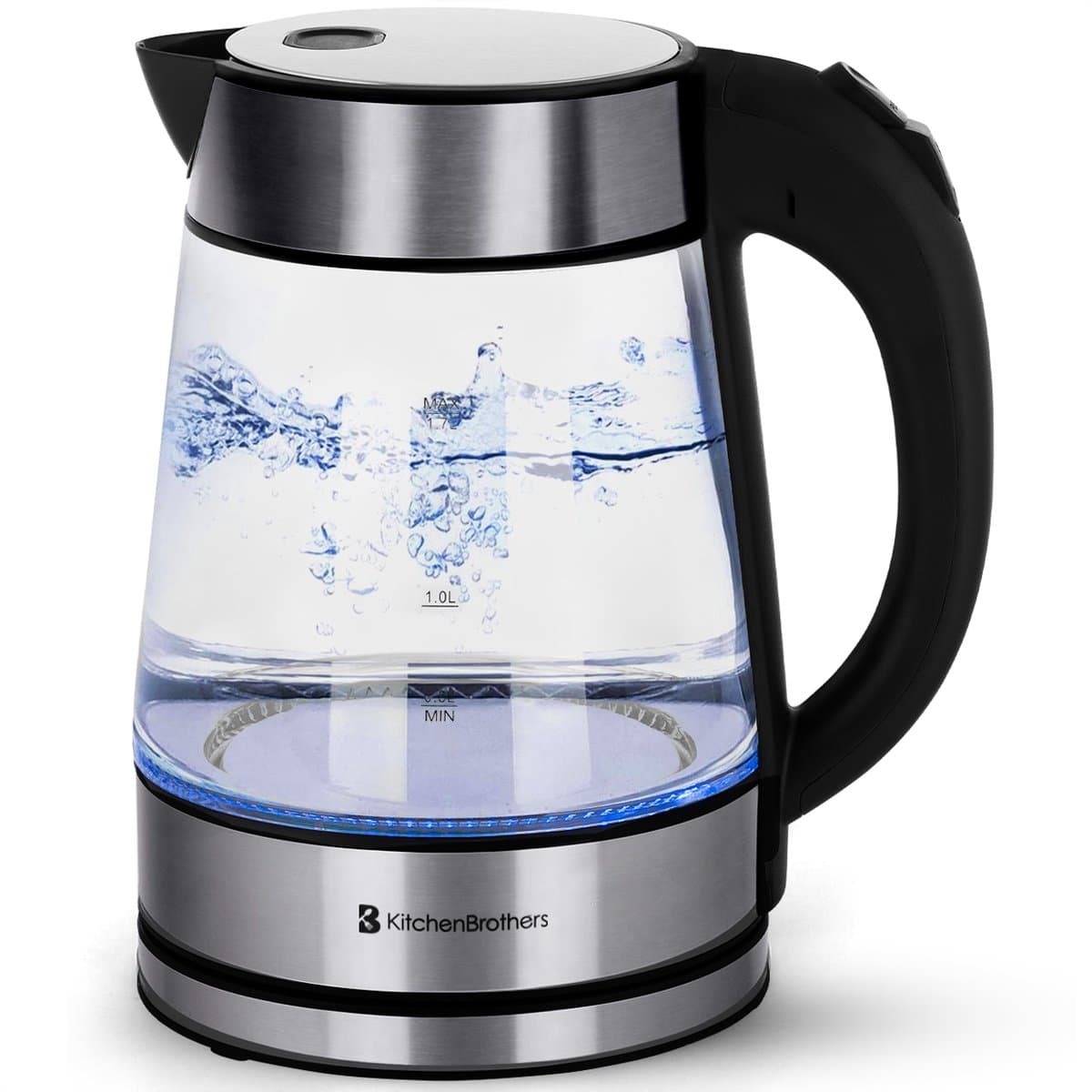 KitchenBrothers Waterkoker - Glas - Elektrisch - PFAS- & BPA-vrij - 1,7L - Retro - met LED - 2200W - Glazen Waterkoker - RVS
