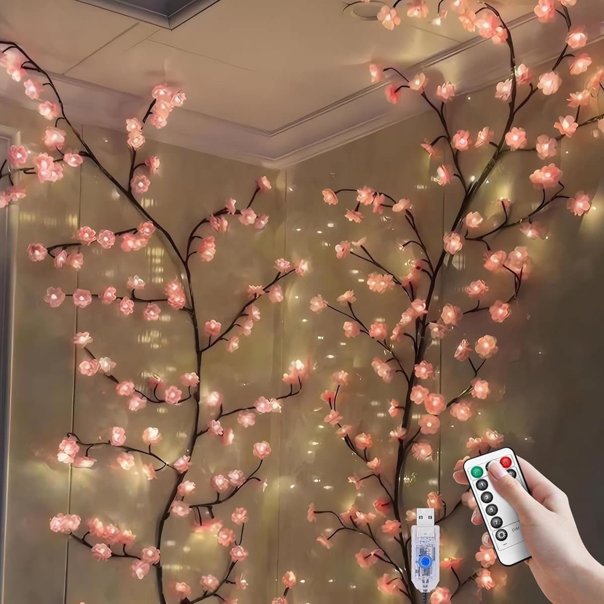 Lichtsnoer - Kersen LED-takverlichting voor muren - Decoratieve slinger van kersenbloesemwilgenranken - Wordt geleverd met 72 LED-lampjes en afstandsbediening - 8 verlichtingsstanden - Kerstdecoratie voor binnen voor muren, deuren en ramen - 1,6 m