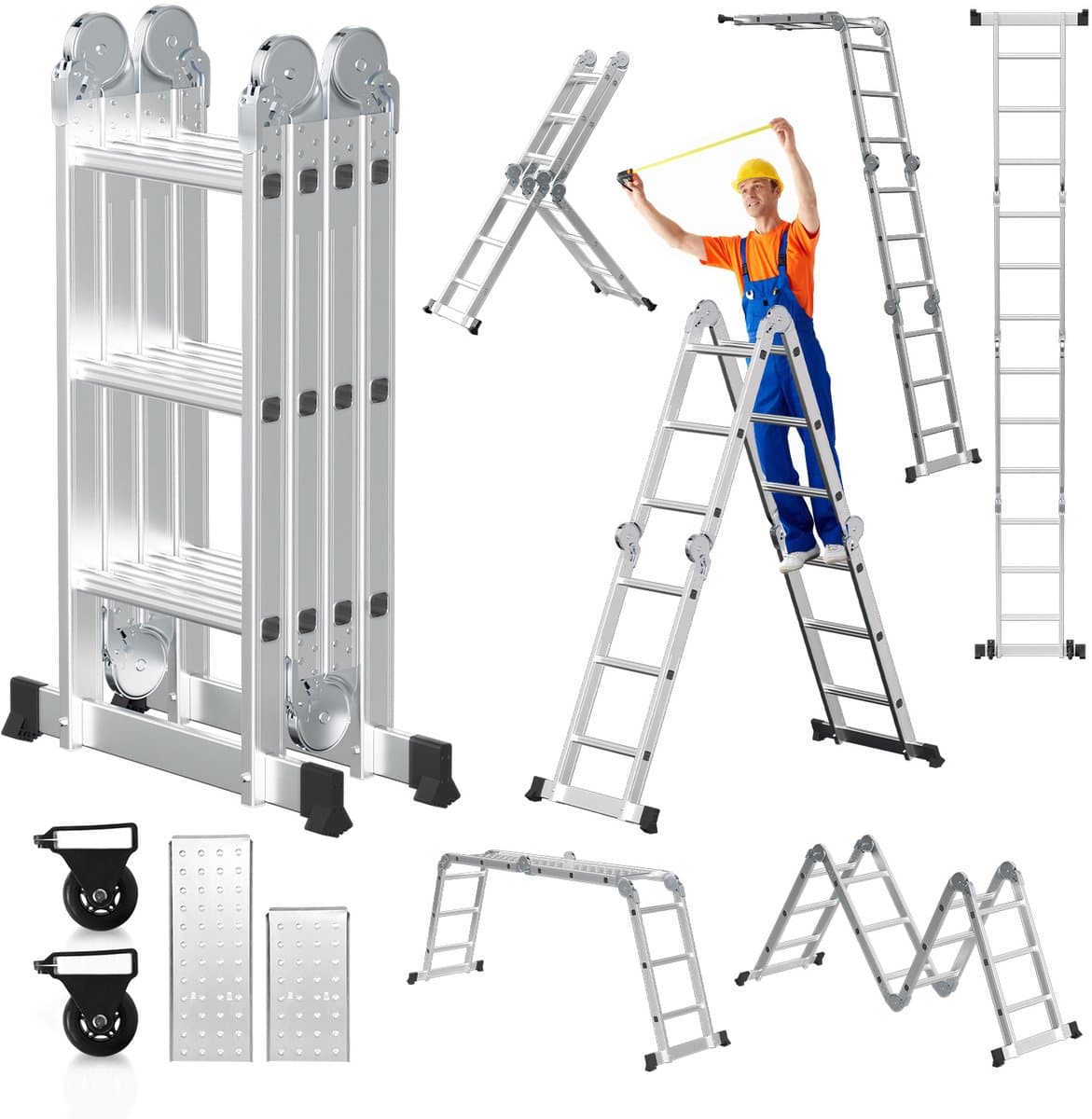 Multifunctionele vouwladder 6 in 1 - 3.6M Vouwladder 4 x 3 treden met platform - Draagvermogen tot 150 kg, Aluminium Ladder, Mobiele Multifunctionele Ladder met Werkplatform, Stelling, Aluminium Rolsteiger, Huishoudladder - Zilver