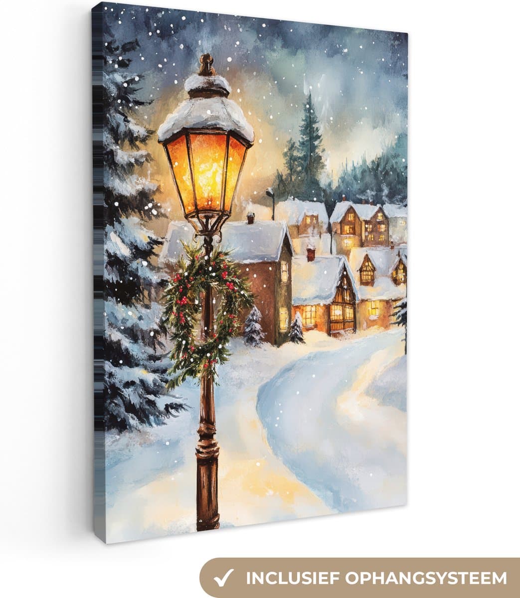 Canvas schilderij 20x30 cm - Wanddecoratie Kerstdorp - Huizen - Sneeuw - Kerst - Muurdecoratie woonkamer - Slaapkamer decoratie - Kamer accessoires - Schilderijen op canvas - Kerstdecoratie voor binnen - Kerstversiering - Kerstmis versiering