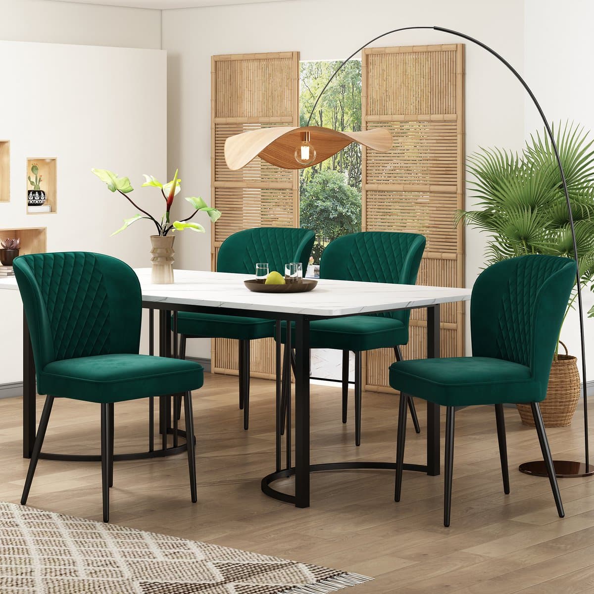 Sweiko Eetkamerstoel set, (set, 140 × 80 × 75cm Eettafel, 4 Stoelen), Moderne Keuken Eettafel set, Donkergroen Fluweel eetkamerstoel, zacht kussen stoel ontwerp met rugleuning, Wit MDF tafelblad, Zwarte tafelpoten