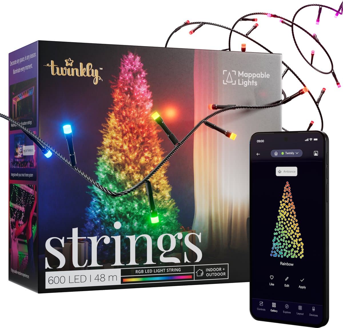 Twinkly Strings Lichtsnoer - 48M - LED - 600LED RGB - Dimbaar - Binnen & Buiten - Bluetooth of Wifi - Werkt met Homekit, Homey, Google Home en Razer Chroma - Zwart