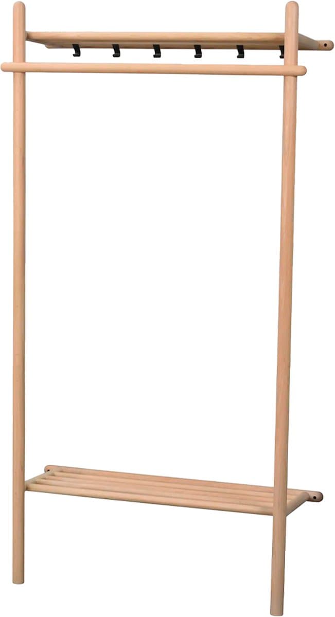 Rowico Home Milford Eikenhouten Kledingrek Naturel Eiken - Hout - Kapstok - Garderoberek - Met Schoenenrek - Hoedenplank - 6 Haken