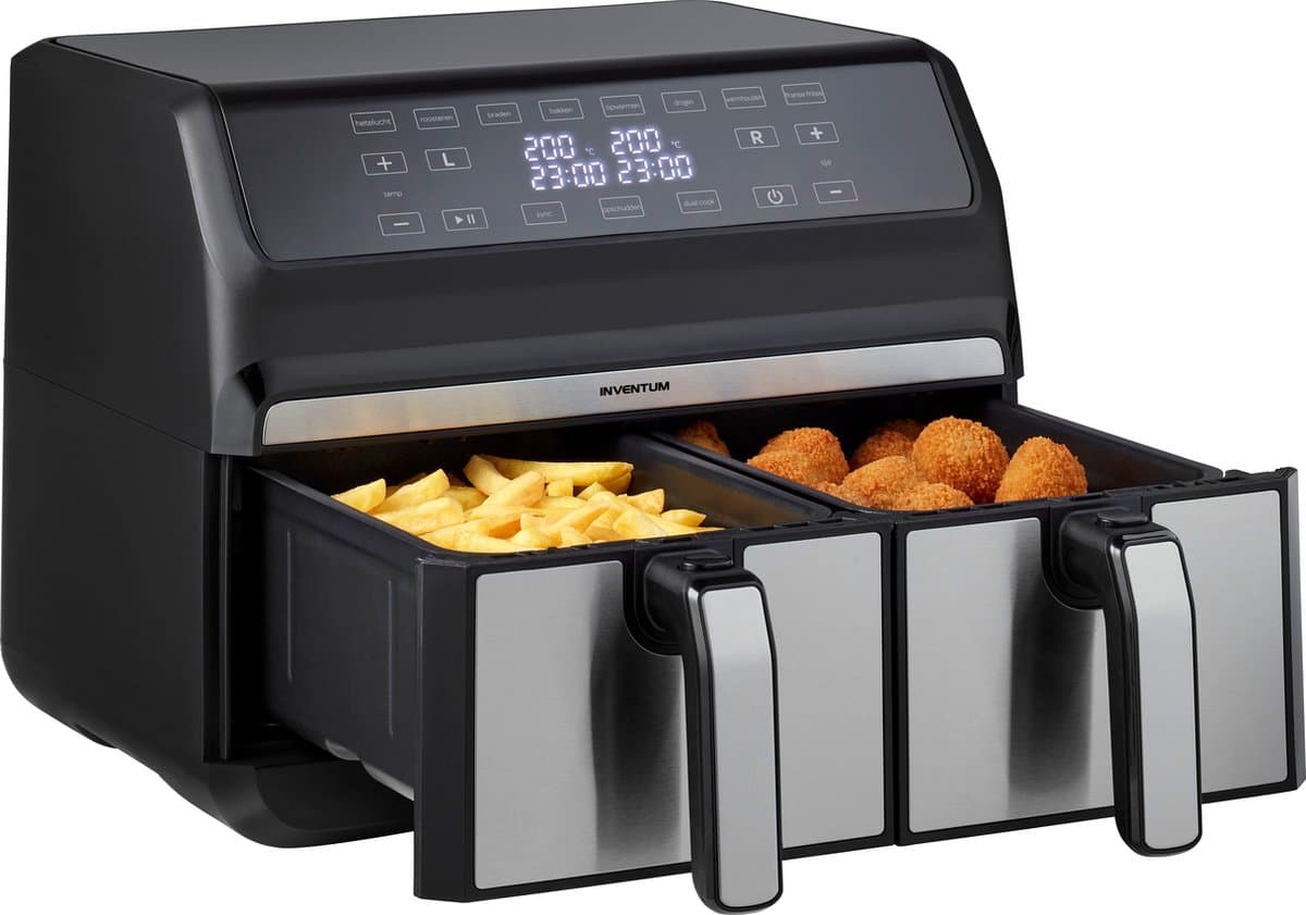 Inventum GF800HLD Dubbele Airfryer XXL - 8L - Dual Cook - Grill- & roosterfunctie - 8 programma's - 80-200 °C - PFAS-vrij - Tot 6 personen - Zwart/RVS