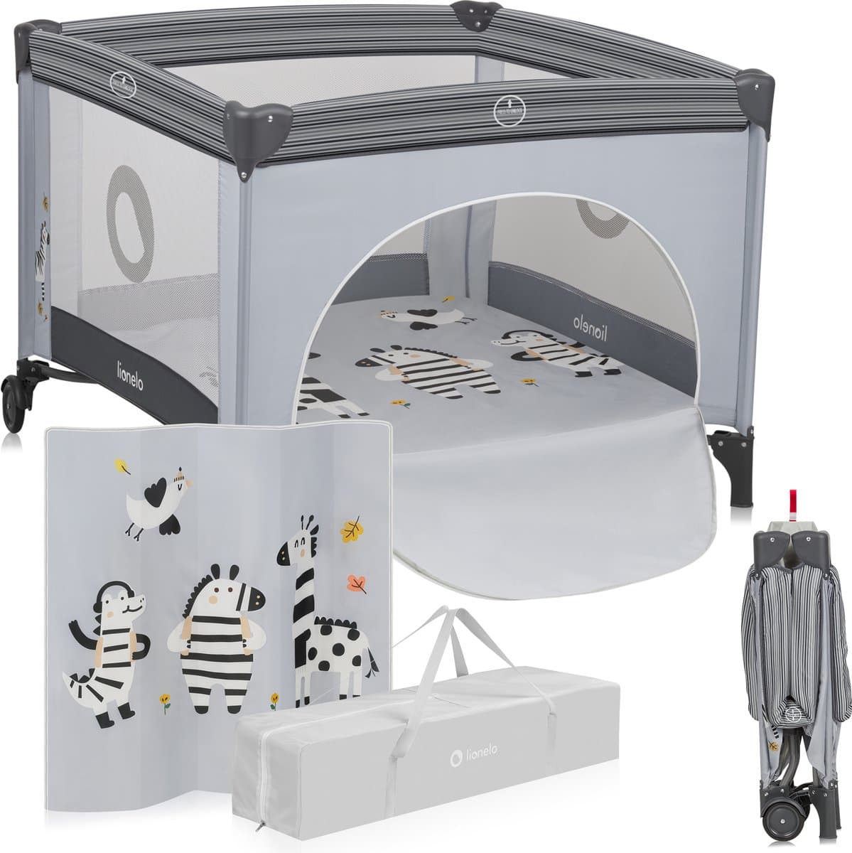 Lionelo Bonnie Babybox & Kinderbox 0-36 Maanden – Opvouwbare Speelbox met T25 Schuimmatras, Zijdeur met Ritssluiting, Mesh Zijkanten, Wielen met Rem en Draagtas – Tot 15 kg