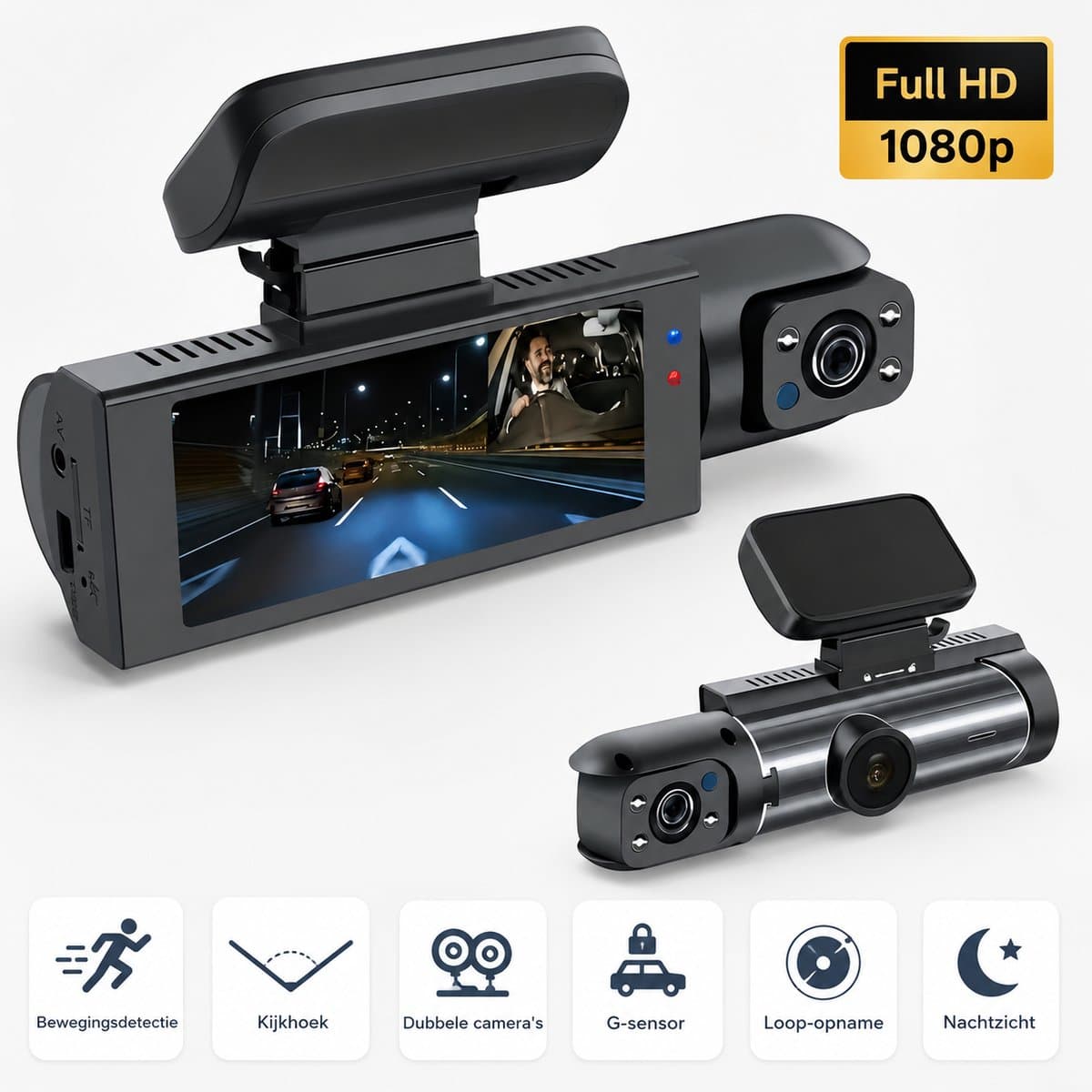 Dashcam Auto 1080P Dual Camera – Voor & Binnen – IR Nachtzicht – Loop Recording – Groothoek – 8,03 cm IPS Scherm – Auto DVR Camera