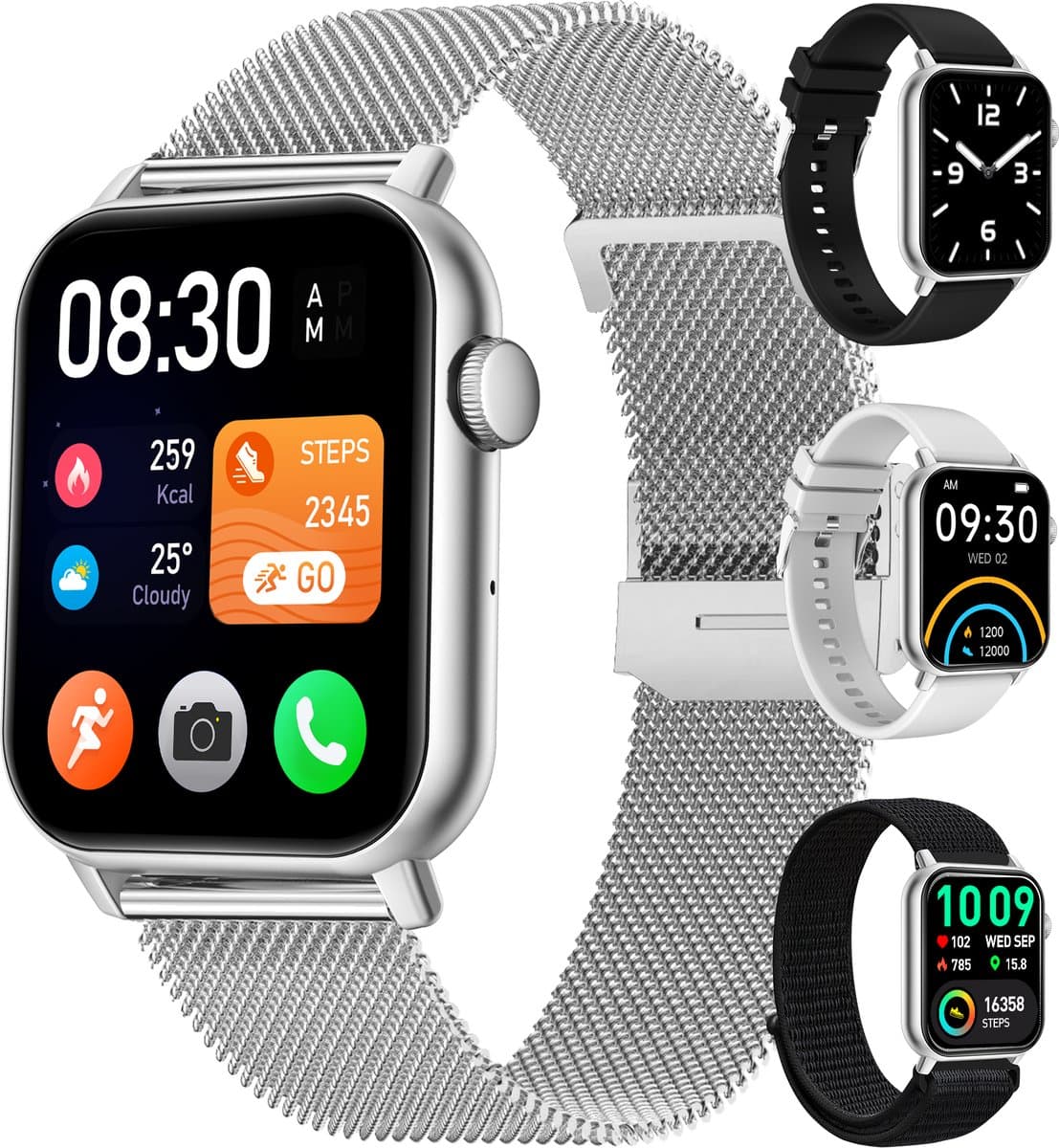 Siltcon® Smartwatch Dames Pro - Smartwatch Heren Pro - Sporthorloge Dames & Heren - Stappenteller Horloge - Hartslagmeter – Bloeddrukmeter - Slaapmonitor - Saturatiemeter - Belfunctie - Elke Smartphone - RVS - Incl. 4 Bandjes - Zilver