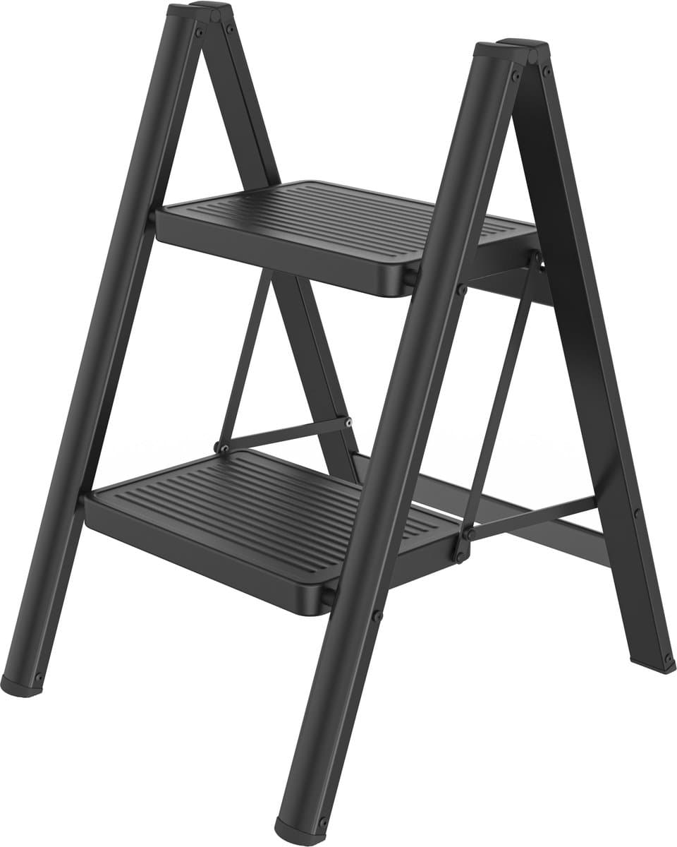 Huishoudtrap 2 treden - Opvouwbare trap van metaal - Antislip, stabiel en belastbaar tot 250 kg - Trapladder voor huis, balkon , garage