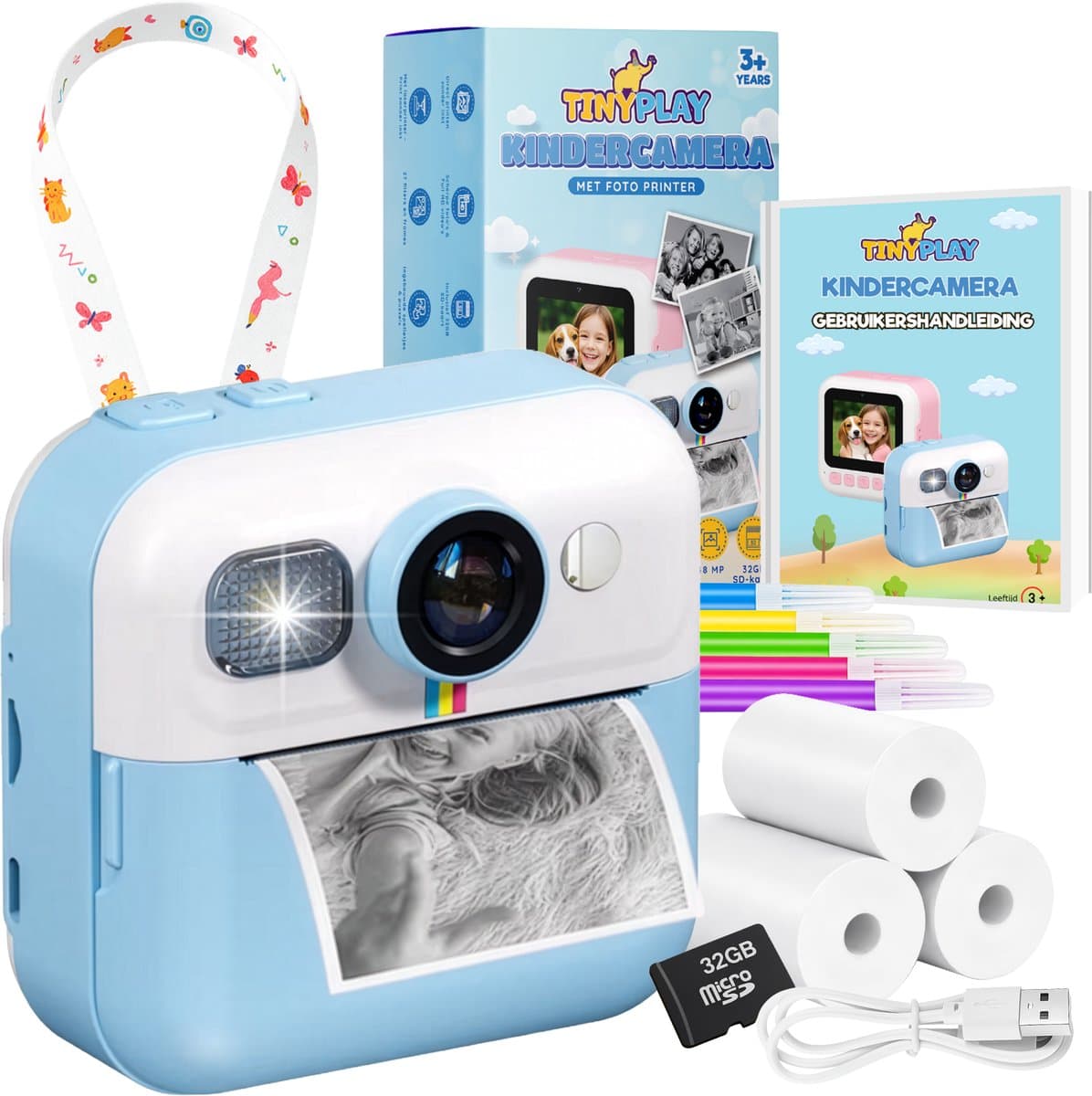 TinyPlay Kindercamera met foto printer - 48MP - Digitale Camera Kinderen - 32GB SD kaart - Full HD Foto en Video - Spelletjes - Fotoprinter - Kinder camera - Digitale kindercamera - Blauw