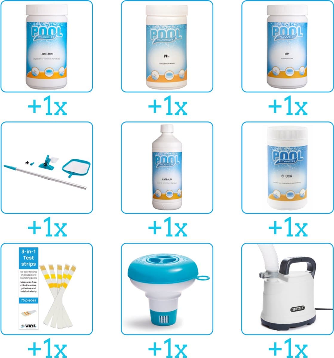 Zwembad Onderhoudspakket - Onderhoud Zwembad - bevat Chloor - PH-min - PH-plus - Schoonmaakset - Anti Alg - Chloor - Testrips - Chloordrijver en Dompelpomp (9-delig)