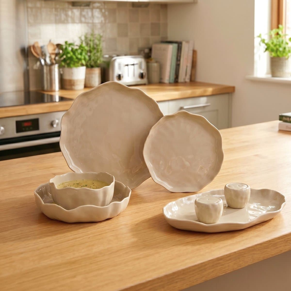 OZ HOME Bricard Angles Serviesset - 27-delig - 6 personen - Taupe Porseleinen Servies met Serveerschaal - Vaatwasser en Magnetron
