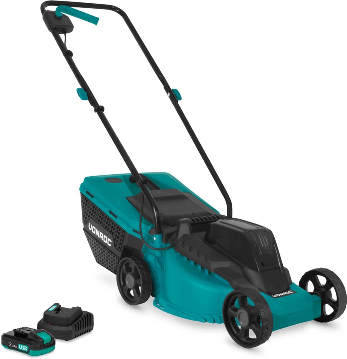 VONROC Accu Grasmaaier 20V – 32 cm maaibreedte - Borstelloze motor - Drie instelbare maai-hoogtes: 30/50/70 mm - Incl. 30L Opvangbak - Incl. 2.0Ah Accu en snellader