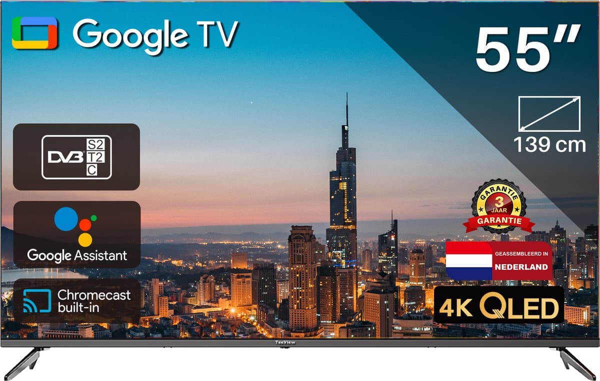Google Smart TV | TeeView QLED TV 55 inch | 4K Ultra HD | Frameless Design | in Eindhoven geassembleerd | TV55QQG-EU
