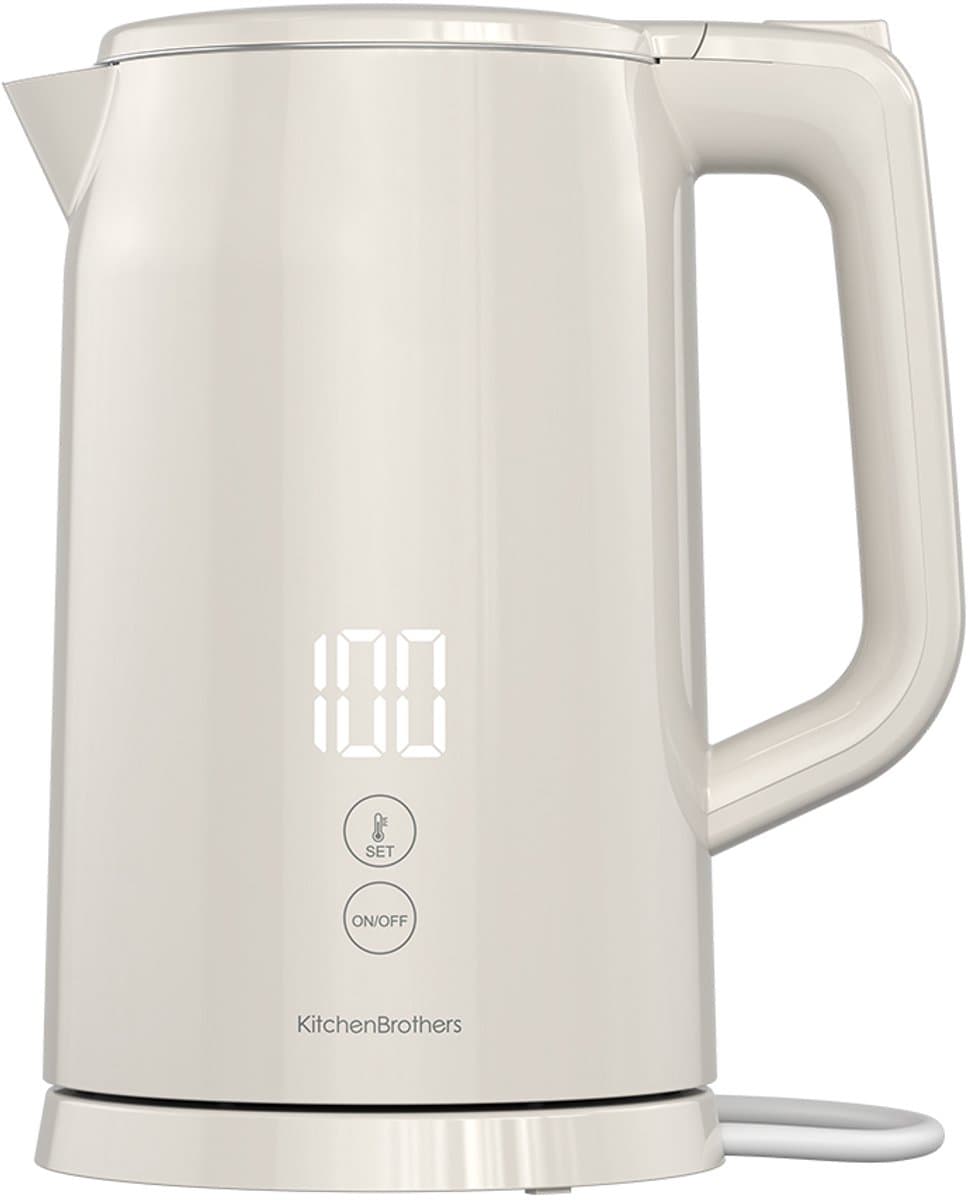 KitchenBrothers Waterkoker - 1.7L - Met Temperatuurregeling - PFAS- & BPA-vrij - Warmhoudfunctie - Display - Dubbelwandig - 2200W - Beige