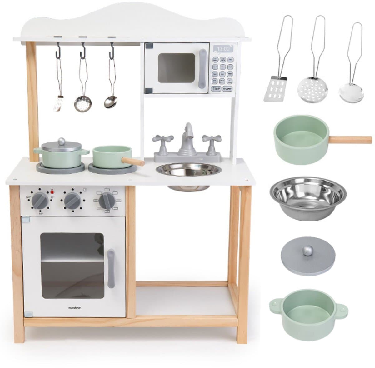 Mamabrum Montessori Houten keuken voor kinderen, 3 jaar – magnetron, oven, gootsteen en accessoires inbegrepen – robuust, veilig, leerzaam, natuurlijke kleuren, duurzaam creatief spel