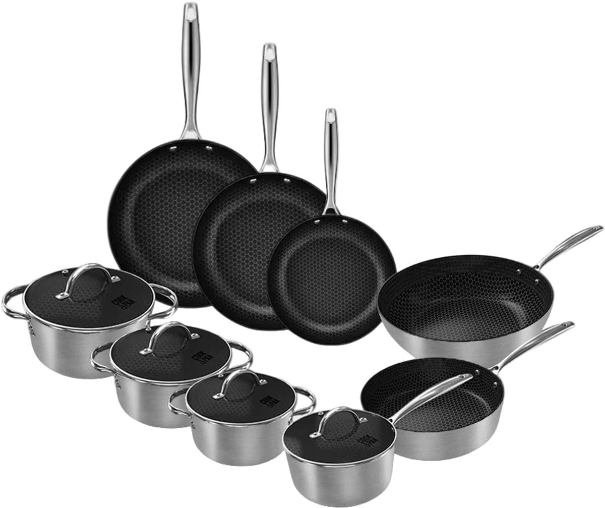 Cook & Pan Honey 9-Delige Pannenset RVS - PFAS vrij - Alle Warmtebronnen - Pannen Set 7 jaar Garantie - Krasbestendige Anti Aanbaklaag - Vaatwasserbestendig - Koekenpan, Wokpan, Steelpan, Hapjespan, Kookpot - Gas, Inductie, Elektrisch, Oven