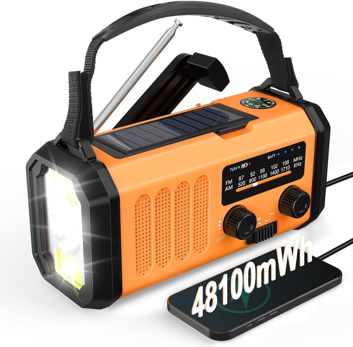 Noodradio op Zonne-energie met 48.100 mWh Powerbank – Hand Crank AM/FM Radio, Zaklamp & Leeslamp, USB-Oplader, SOS-Alarm en Kompas – Draagbaar voor Camping & Noodsituaties