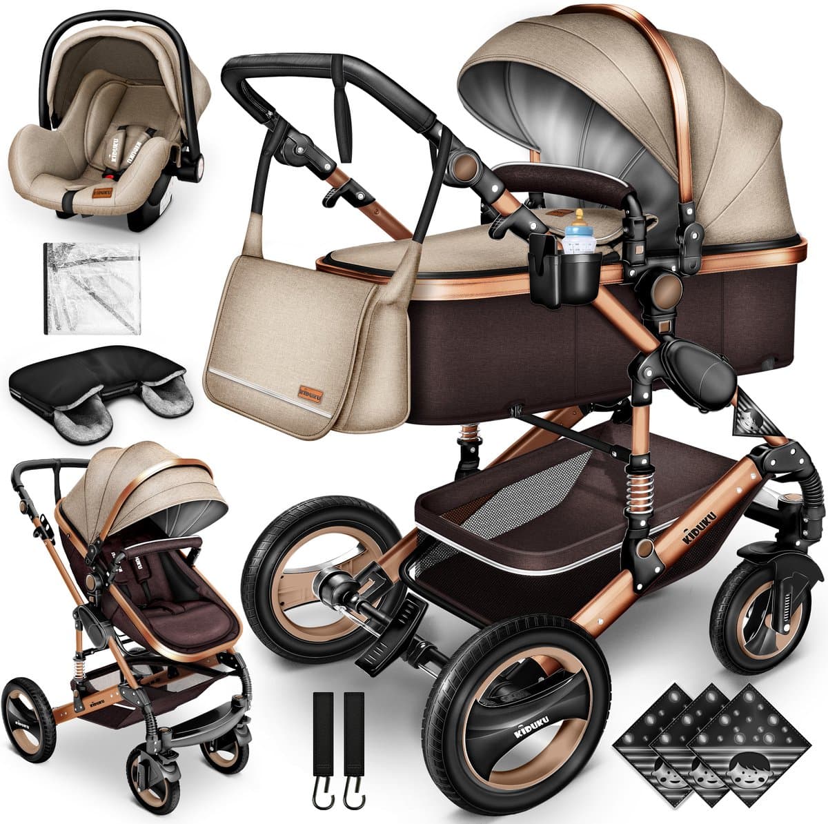 Buggy-Kinderwagen 3 in 1-kinderwagens Complete Set -One -Click Opvouwbare Kinderwagen-Kinderwagen Set voor Baby's Pasgeborenen XXL Set-(Bruin / Goud).