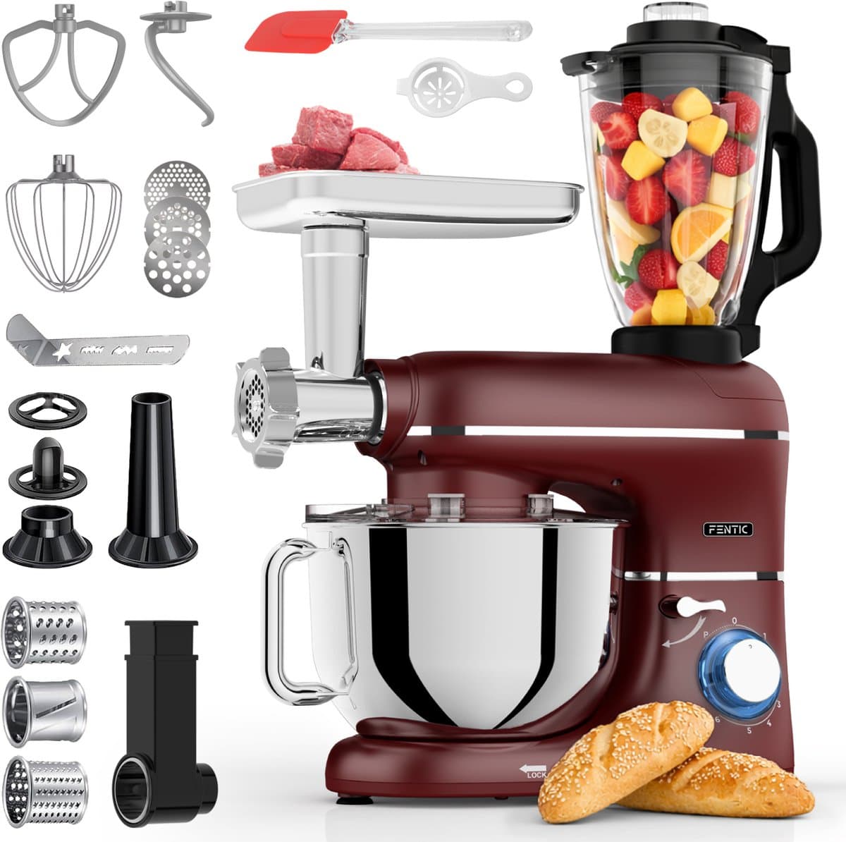 Fentic Keukenmachine – 2000W – Keukenrobot – Foodprocessor - 6,2L Mengkom – Incl. Vleesmolen, Blender en extra Accessoires – Rood