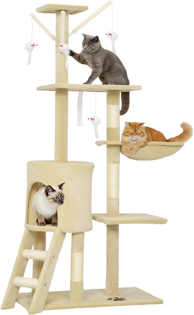 Krabpaal met hol, 4 speeltjes, sisalstammen, groot platform, trap, voor katten onder 5 kg, beige