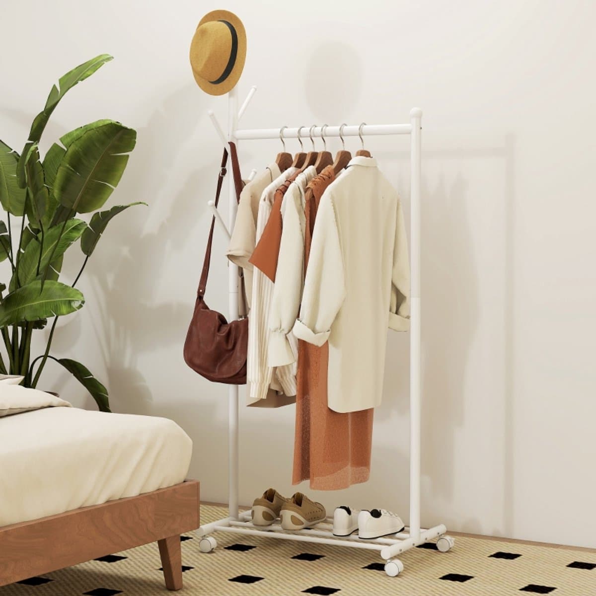 MODFU Luxe Kledingrek op Wielen - 3-in-1 Garderoberek met Boomkapstok & Schoenenrek - Wit Metaal - 171 cm Hoog