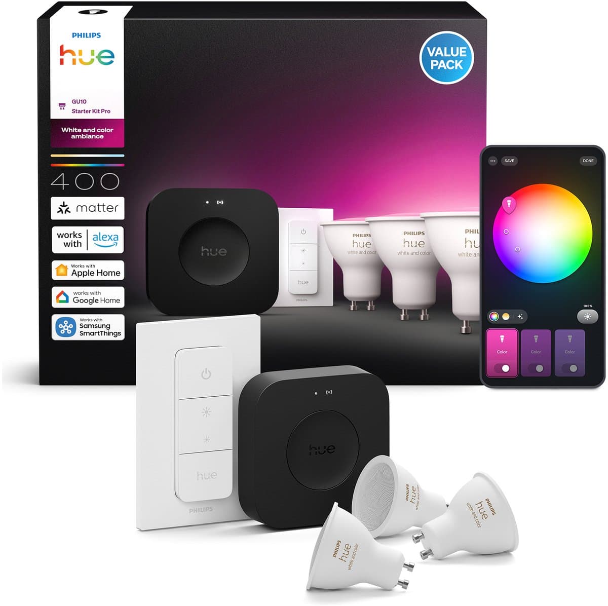 Philips Hue starterkit - wit en gekleurd licht - 1 Bridge Pro - 3 lampen GU10 400 lumen - 1 dimmer switch