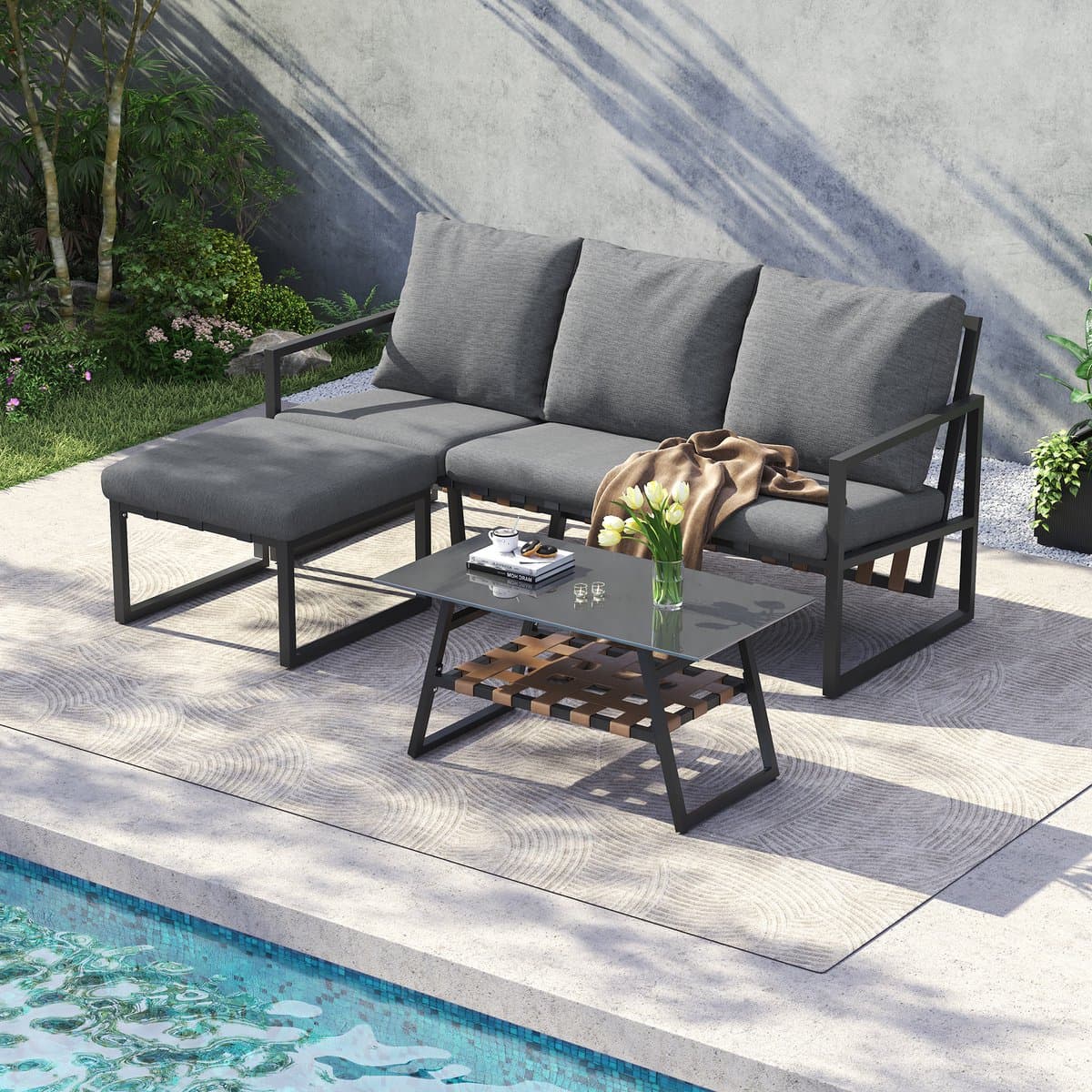 Tuin Hoekset 3-delig Grijs – Lounge Set met Voetenbank & Glazen Tafel – Weerbestendig Tuinmeubel met Kussens – PU Weefsel