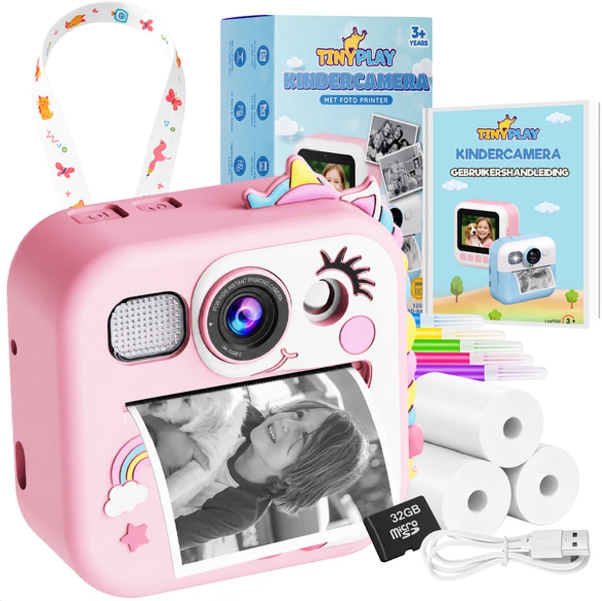 TinyPlay Kindercamera met foto printer - Siliconen Hoes - 48MP - Digitale Camera Kinderen - 32GB SD kaart - Full HD Foto en Video - Spelletjes - Fotoprinter - Kinder camera - Digitale kindercamera - Roze