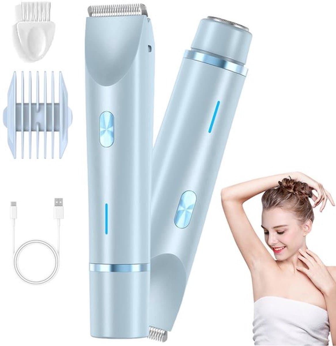 2-in-1 Elektrische scheerapparaat voor vrouwen - bikinilijn trimmer, waterdicht, geschikt voor nat en droog gebruik, elektrische trimmer met dubbele kop voor oksels, benen en armen