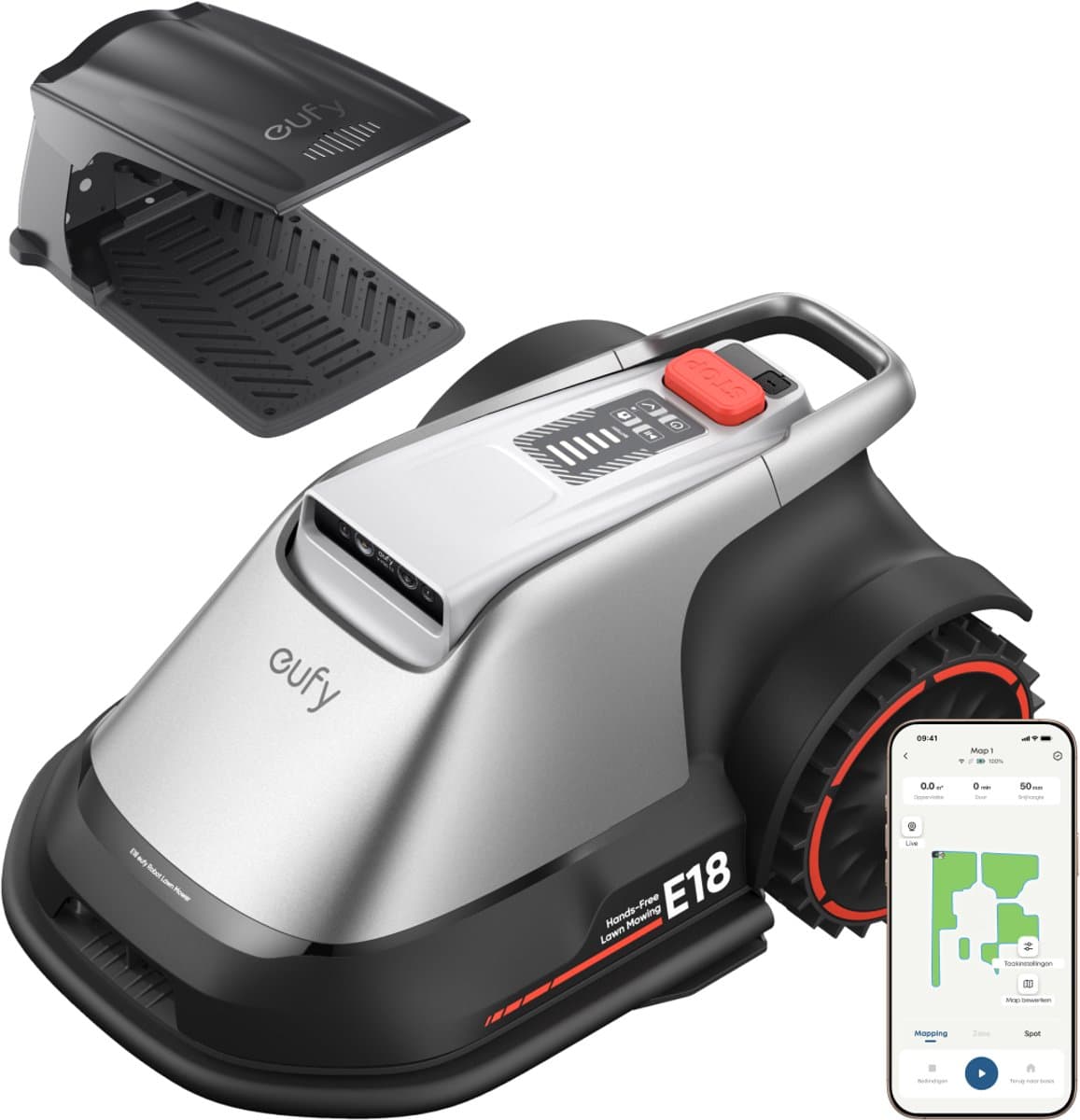eufy Robotgrasmaaier E18- draadloos- zonder RTK- geen signaalproblemen- 5-minuten-setup- automatische mapping tot 1200 m²- obstakelvermijding- Ride-On Edge- bediening via app- met regenkap