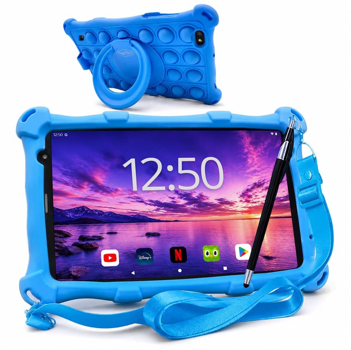 AngelTech Kindertablet PRO MAX - Android 15 - 4+3GB RAM - 64+64 GB - Snelle 8 Inch Kindertablet - Vanaf 3 Jaar - Perfect Voor School - Ouderlijk Toezicht - Ook Voor Volwassenen - 360° Fidgy Beschermhoes - Blauw