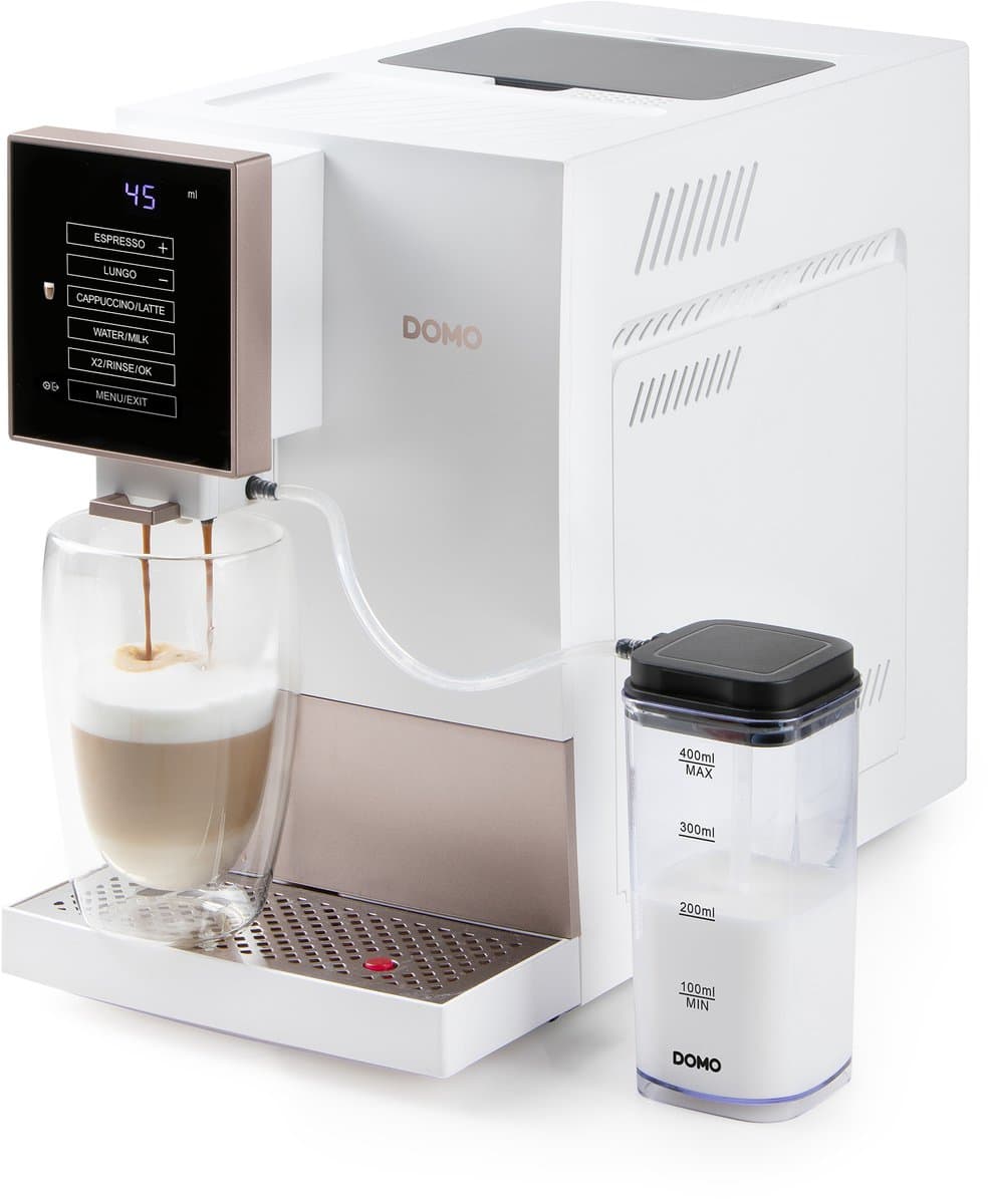 DOMO DO742K Volautomatische Espressomachine - 4 Soorten Koffie + Heet Water - Melkopschuimer - 19 Bar - Wit
