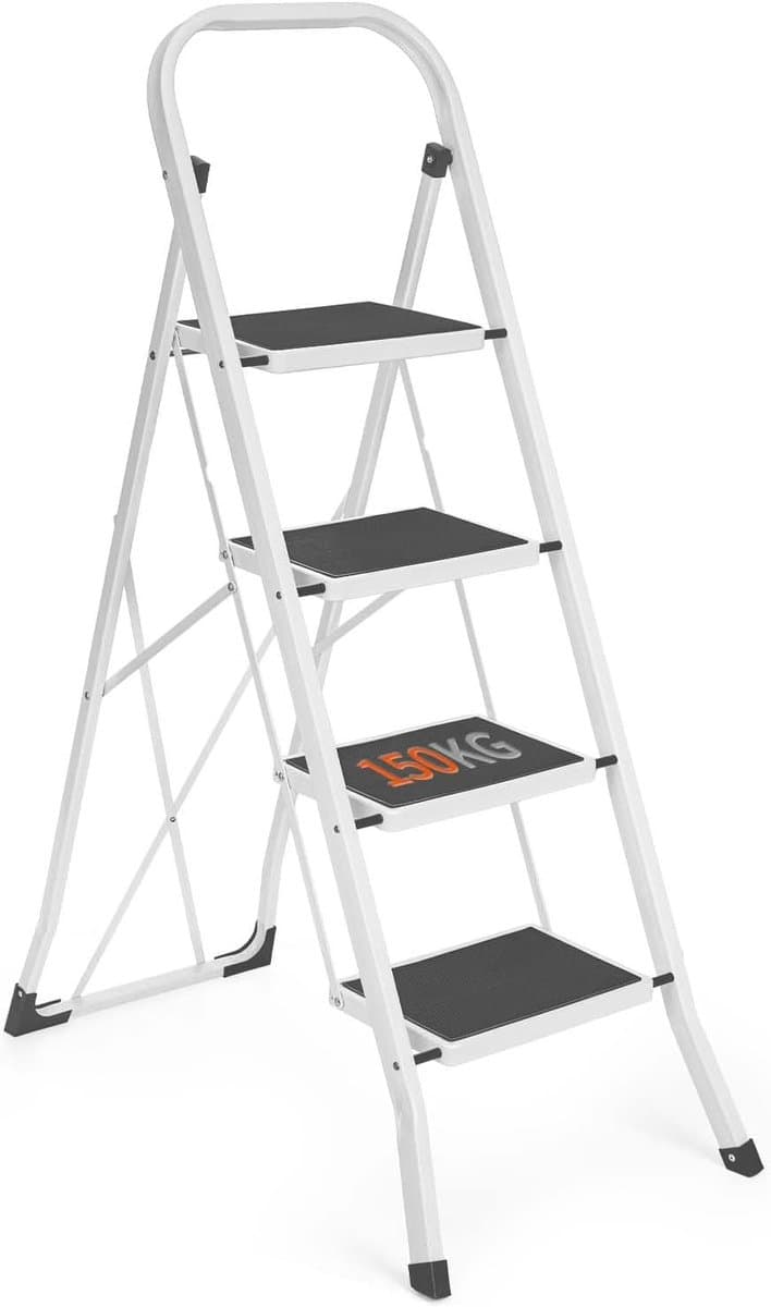 Huishoudtrap 4 Treden - Keukentrapje Basic Inklapbaar Met Handgreep – Keukentrap Anti-slip – Trapladder - Opstapje – Vouwladder Belastbaar tot 150 kg – Ladders – Keukentrap - Wit