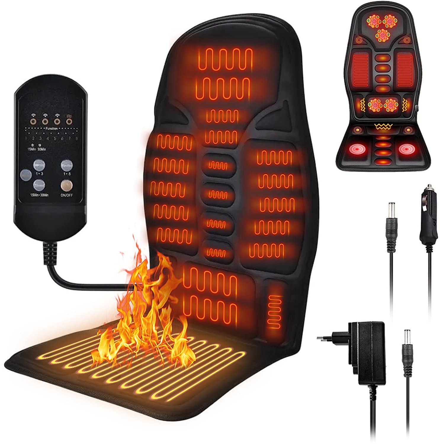 Elektrisch Massagekussen voor Auto en Stoel - Vibratiemassage - 7 Motoren - 8 Standen - 3 Intensiteitsniveaus - Warmtefunctie - Timer 15/30 Min - Voor Rug, Onderrug, Heupen en Bovenbenen