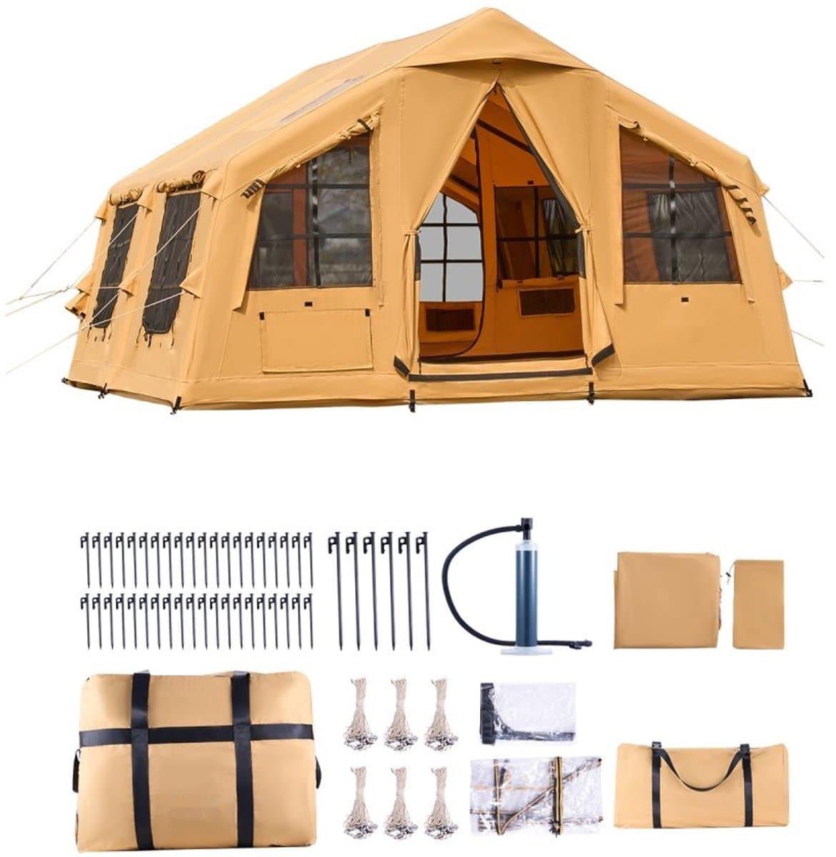 Opblaasbare kampeertent - Familietent/Glampingtent 8-12 personen - Afmeting 4,8 x 3,6 x 2,2 m - Inclusief handpomp - Luifel - Kachelaansluiting - Twee Deuren - Gaasramen
