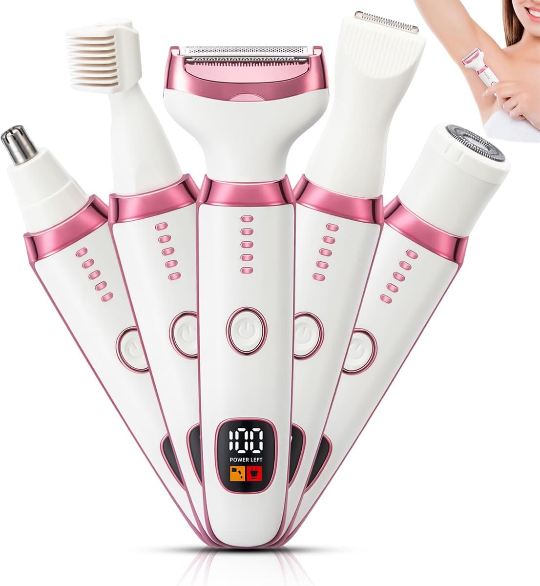 4-in-1 Ladyshave voor Vrouwen – Elektrisch & Draadloos Scheerapparaat met Type-C Opladen en LED Display – Body & Gezichtstrimmer – Voor Benen, Oksels & Bikinilijn – Roze – dames scheerapparaat – ontharingsapparaat vrouwen