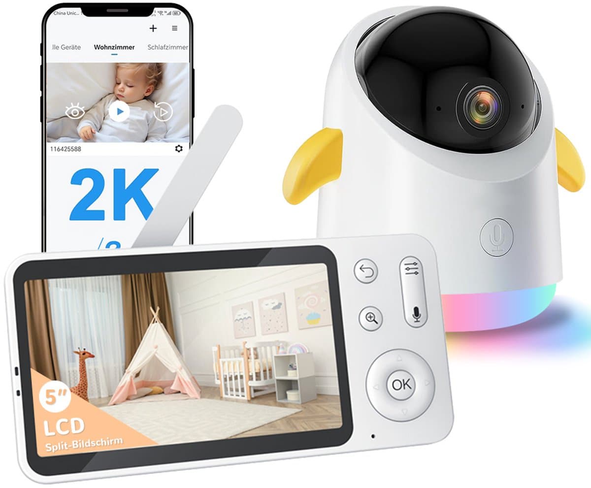 Wifi Baby Monitor - Babyfoon Met Camera 2K 3MPx - Babyfoon met 5 inch scherm - Splitscreen - Full HD Resolutie - Slaapliedjes - Temperatuur - Alexa & Google - Terugspreekfunctie - Video & Audio