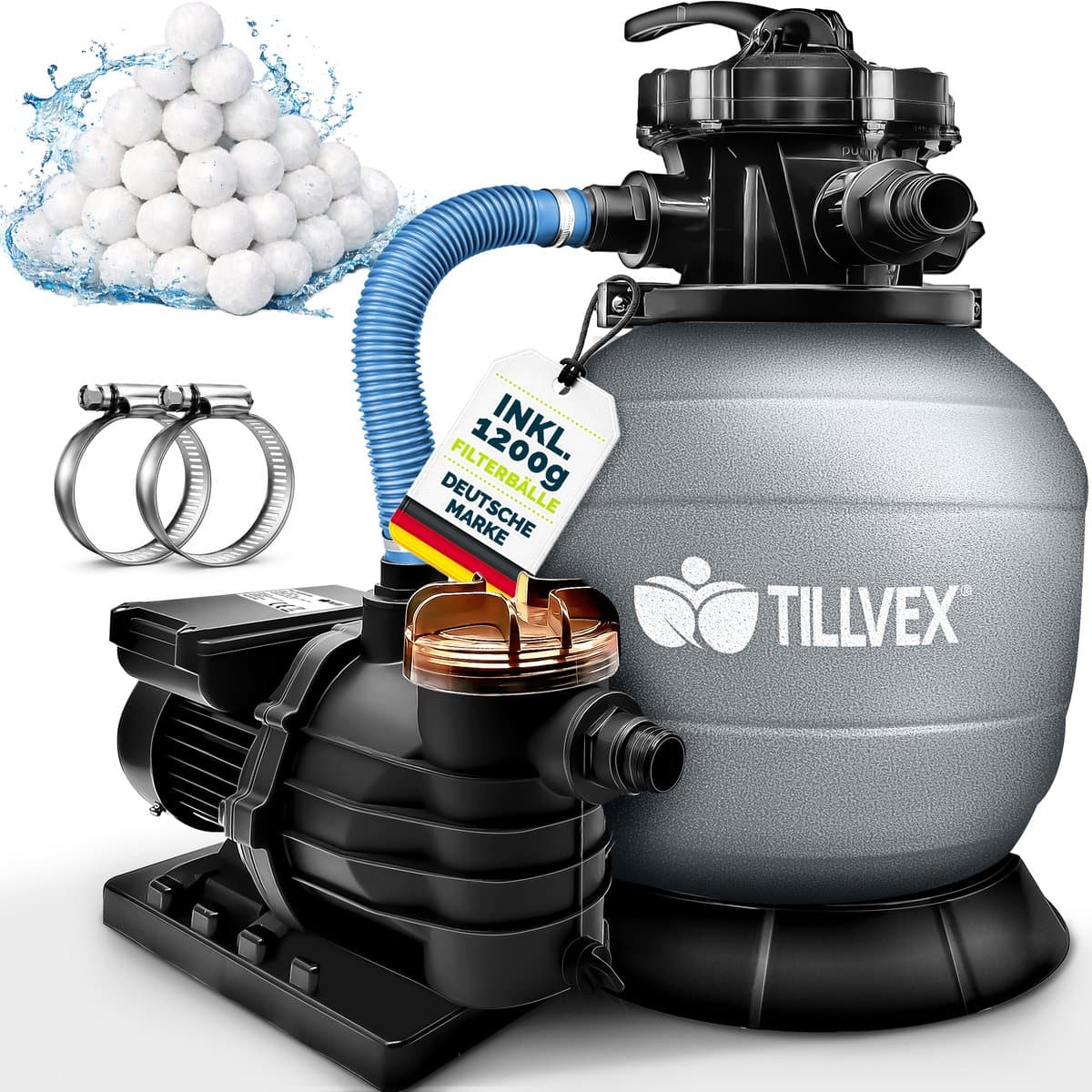tillvex Zandfiltersysteem 13.200L/h tot 40.000L + 1200g Filterkogels | Zandfilterinstallatie 7-weg ventiel & Adapter Ø32-38mm | Zwembadfilter met drukweergave | Zandfilter zwembad (Grijs)