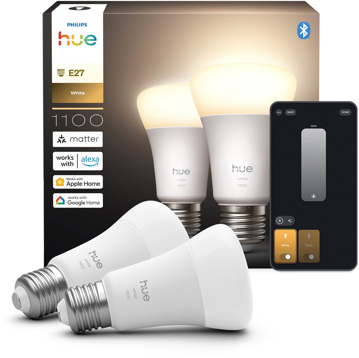 Philips Hue Slimme LED A60 lamp, Warm Wit Licht, E27 Fitting, 2-pack