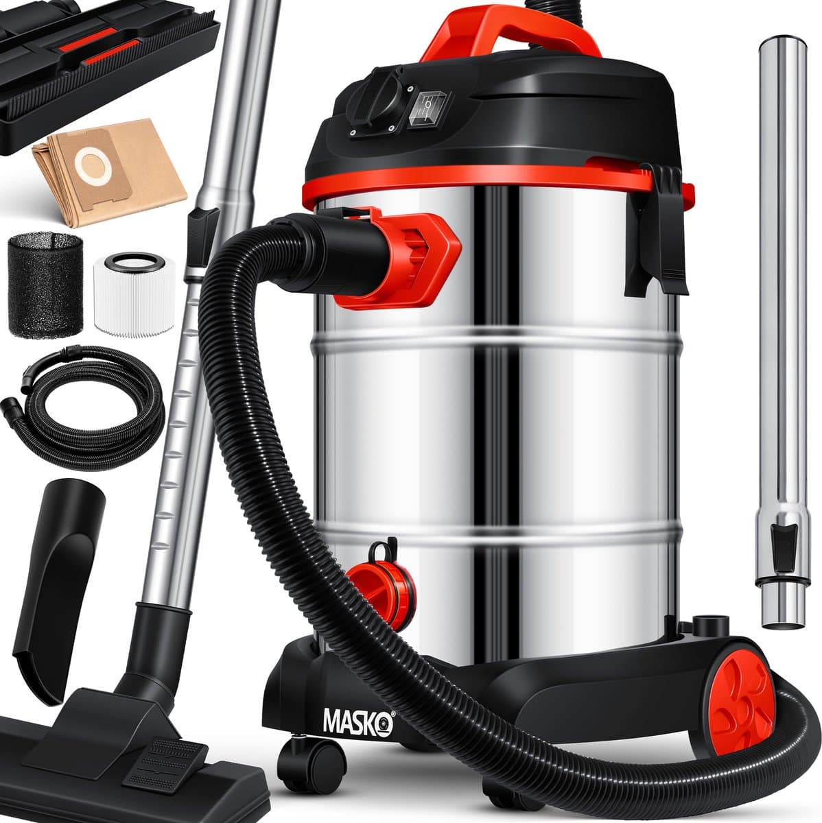 MASKO® Alleszuiger Nat- en Droogzuiger 1800W + stopcontact, Blaasfunctie, Droog- & natzuigen | Industriële stofzuiger vuilreservoir 30L Bouwstofzuiger - Rood