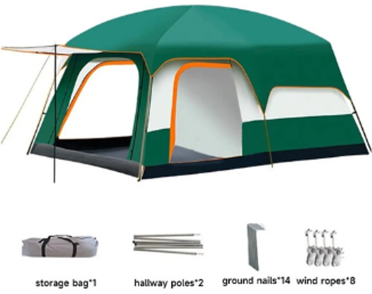 Tent-Camping tent-Tunnelcampingtent voor 3-12 Personen -2 kamer kampeertent met slaapcabine- UV-bescherming- waterdicht- opvouwbaar-Groen.