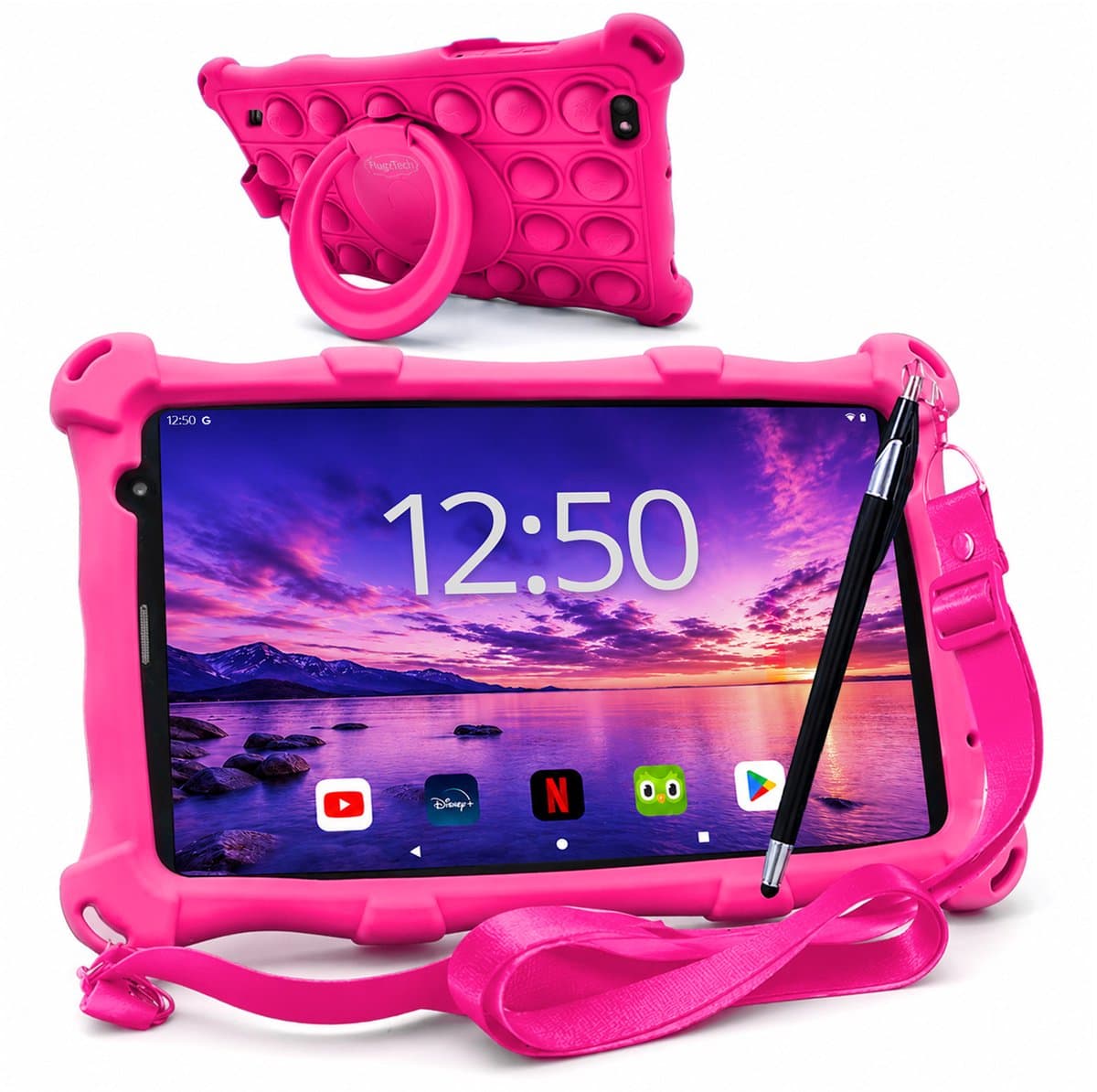 AngelTech Kindertablet PRO MAX - Android 15 - 4+3GB RAM - 64+64 GB - Snelle 8 Inch Kindertablet - Vanaf 3 Jaar - Perfect Voor School - Ouderlijk Toezicht - Ook Voor Volwassenen - 360° Fidgy Beschermhoes - Roze
