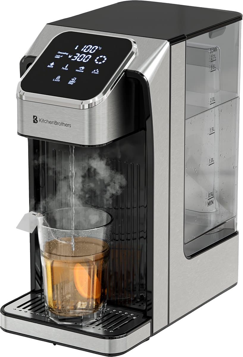 KitchenBrothers Heetwaterdispenser - 2.7L - Instant Waterkoker - BPA en PFAS Vrij - 8 standen van 100 t/m 400 ml - Melkfunctie - 40-100°C - Heetwatertap – RVS