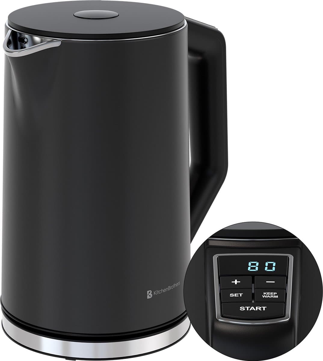 KitchenBrothers Waterkoker - Elektrisch - 1,5L - PFAS- & BPA-vrij - 2200W - Instelbare Temperatuurregeling - Dubbelwandig - Waterkoker RVS - Zwart