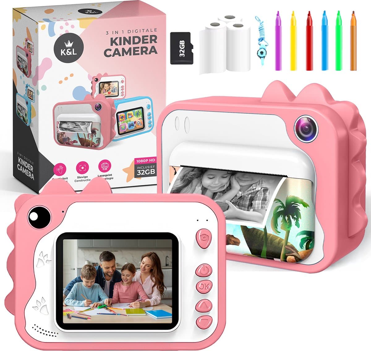 K&L® 3 IN 1 Digitale Kindercamera + Instant print + speelcamera - 32GB micro sd kaart - camera kinderen - Vlogcamera met games - Fototoestel voor Kinderen - Klein Formaat Speelgoed - Met videofunctie - Roze